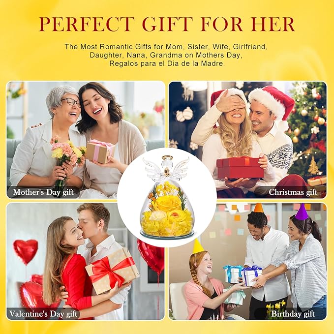 Gifts for Women Preserved Rose Forever Flower in Glass Angel Figurines Fresh Flowers for Delivery Prime Mothers Day Birthday Gifts for Mom Real Yellow Roses for Grandma Sister Wife Her from Daughter