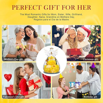 Gifts for Women Preserved Rose Forever Flower in Glass Angel Figurines Fresh Flowers for Delivery Prime Mothers Day Birthday Gifts for Mom Real Yellow Roses for Grandma Sister Wife Her from Daughter