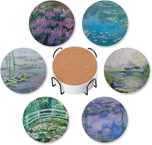 Drink Coasters for Drinks Set of 6,Claude Monet Water Lilies Absorbent Round Ceramic Stone Mat Coaster, with Cork Base and Metal Holder, Home Bar Decor House Warming Gift