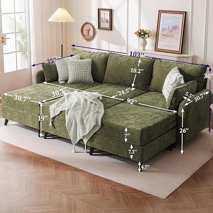 104'' Modular Sectional Sofa with Seats Storage,Oversized Sleeper Sofa Bed,Comfy Cloud Couches with Deep Seat,Couches for Living Room,Movable Ottoman,2 Throw Pillow,Chenille,Green