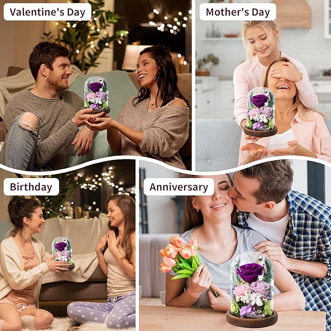 Preserved Flowers in Glass Dome, Forever Flower, Eternal Flowers, Birthday Gifts for Women, Gifts for Mom Girlfriend Her Friendship, Home Decor Living Room Bedroom (Mauve)