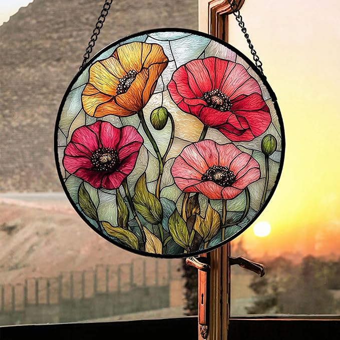 Stained Glass Suncatcher, Red Orange Poppy Flowers Sun Catcher Silver Background Wildflowers Window Hanging Decor Christmas Mother Birthday Gifts for Women Men Mom Nana 6.3 in