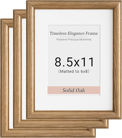 8.5x11 Picture Frame,8.5 x 11 Solid White Oak Photo Frame Matted to 6x8 with Tempered Glass,8.5"x11" Handcrafted Diploma Document Frames Frame Vertical or Horizontal Wall Hanging Display,3 Pack
