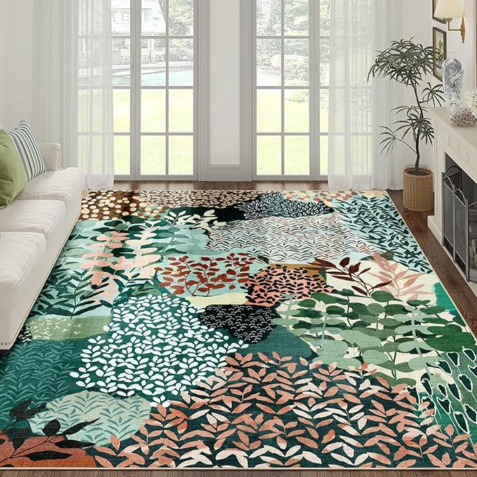 DEXDE 8x10 Area Rug, Soft Washable Abstract Area Rugs Non-Slip Vintage Boho Rug Leaves Floral Print Carpet for Living Room Bedroom Office Dining Room Playroom, Dark Green