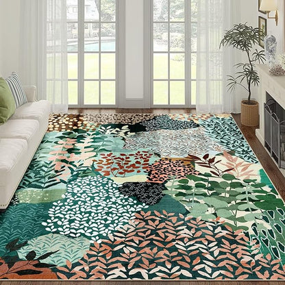 DEXDE 8x10 Area Rug, Soft Washable Abstract Area Rugs Non-Slip Vintage Boho Rug Leaves Floral Print Carpet for Living Room Bedroom Office Dining Room Playroom, Dark Green