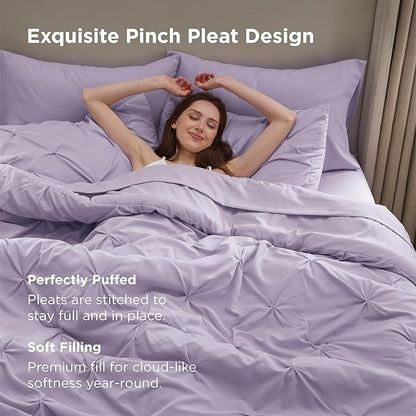 Bedsure Queen Comforter Set Light Purple - Bed in a Bag Queen Size Bedding 7 Pieces, GentleSoft™ Pintuck Bed Set Gift for Family, Pinch Pleat All Season Comforter with Sheets, Pillowcases & Shams