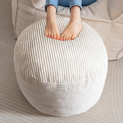 HIGOGOGO Round Stuffed Pouf Ottoman, Corduroy Poufs with Foam Chunk Filling, Corduroy Pouf Foot Stool Storage Ottoman, 26 X 18 Floor Poufs Foot Rest for Living Room, Beige