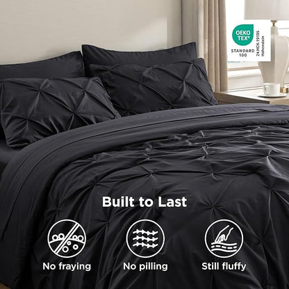 Bedsure King Size Comforter Set Black - Bed in a Bag Bedding Set 7 Pieces, GentleSoft™ Pintuck Bed Set Gift for Family, Pinch Pleat Black Comforter with Sheets, Pillowcases & Shams