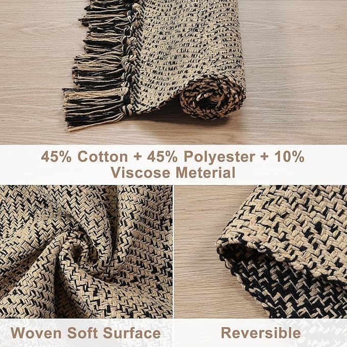 Collive Hallway Runner Rug, 2x5 Washable Natural/Black Modern Entryway Runner Rug Hand-Woven Cotton Boho Kitchen Runner Rugs for Bedroom Laundry Room Rug Front Door Farmhouse Bathroom Rug Outdoor