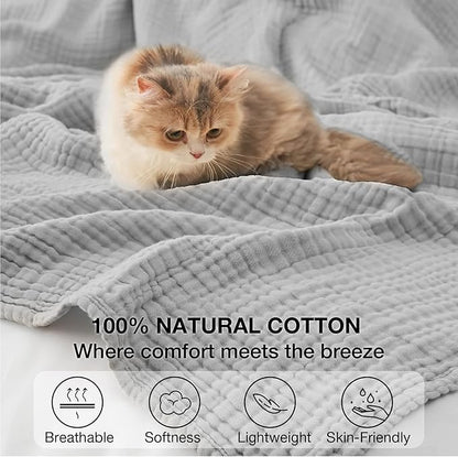 100% Cotton Muslin Blanket Large 50" x 70", Breathable and Lightweight Cotton Throw Blankets for Bed and Couch, Soft Cooling Summer Gauze Blanket for Adults All Season, Light Grey