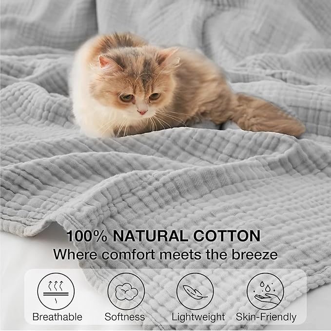 100% Cotton Muslin Blanket Twin 60" x 80", Breathable and Lightweight Cotton Twin Blankets for Couch, Soft Cooling Summer Gauze Blanket for Adults All Season, Light Grey