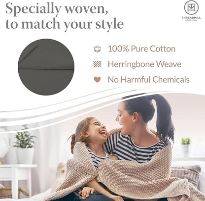 Threadmill Luxury Cotton Blankets for King Size Bed | All-Season Cozy 100% Cotton King Size Blanket | Herringbone Soft Fall Thermal Blanket fits California King Size Bed | Dark Grey