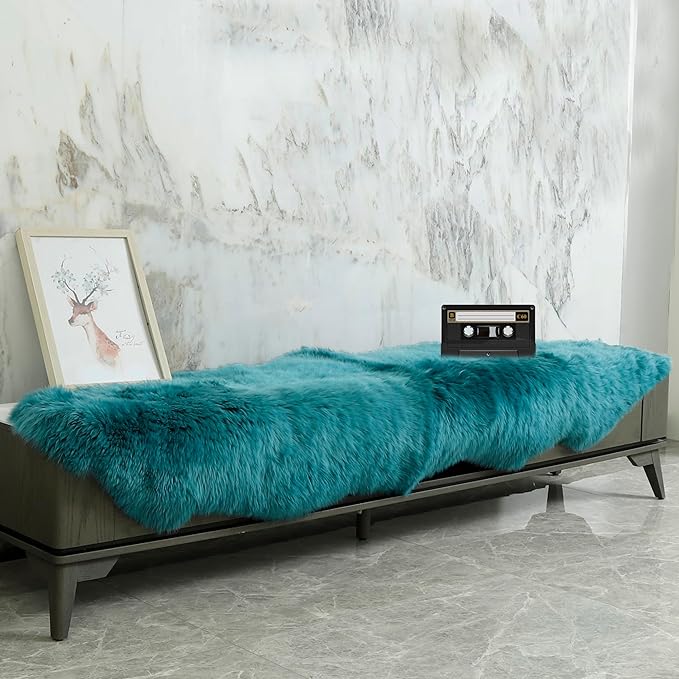 Genuine Sheepskin Rug New Zealand Fluffy Lambskin Rug, Natural Luxury Sheepskin Throw for Bedroom Living Room Children's Room - Premium Area Rug Chair Cover (2×6 Feet, Dark Teal Blue)