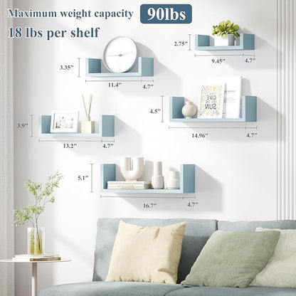 SRIWATANA Floating Shelves for Wall, Wall Shelves for Bathroom, Bedroom, Living Room, Kitchen, Office, Wood Shelves for Wall Decor Set of 5 (Blue)