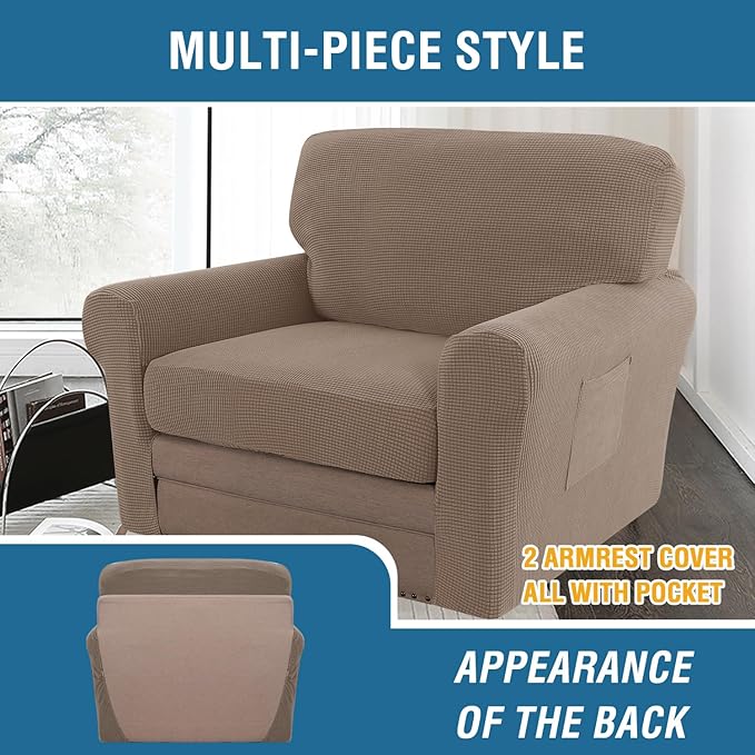 H.VERSAILTEX Multi-Pieces Chair Covers Stretch Couch Covers Form Fitted Seat and Back Cushions Covers (1 Seat Cover Plus 1 Back Cusion Cover, Bonus 2 Armrest Covers), Macchiato