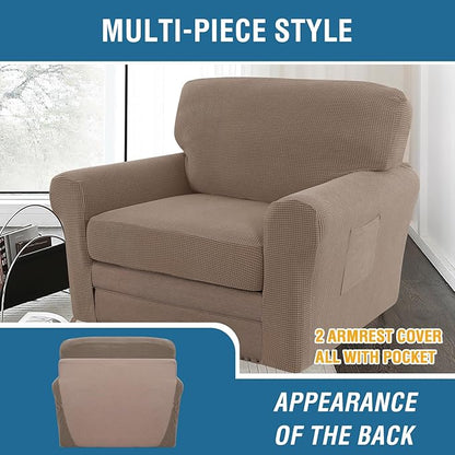 H.VERSAILTEX Multi-Pieces Chair Covers Stretch Couch Covers Form Fitted Seat and Back Cushions Covers (1 Seat Cover Plus 1 Back Cusion Cover, Bonus 2 Armrest Covers), Macchiato