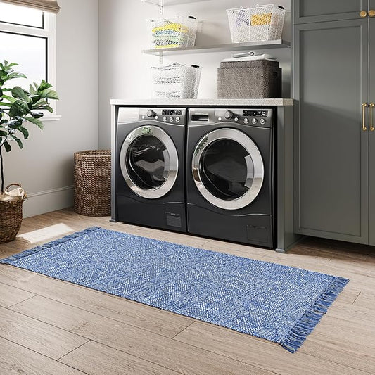 Collive Hallway Runner Rug, 2' x 6' Hand-Woven Reversible Washable Entryway Rug, Blue Cotton Modern Farmhouse Laundry Room Rug Long Carpet for Bathroom Sink Foyer Bedroom