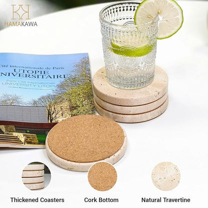 Real Natural Travertine Coasters Set of 4, Round Beige Marble Stone 4 inch, Modern Drink Coasters for Home Decor, Coffee Table, Office