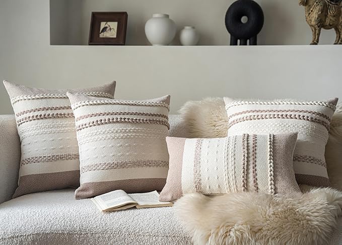 Boho Lumbar Pillow Covers 14x36 Inch Long, Khaki Textured Decorative Couch Pillow Cases for Farmhouse Home Decor, Accent Cushion Cover for Sofa, Bed, Living Room, Bedroom, Pack of 1