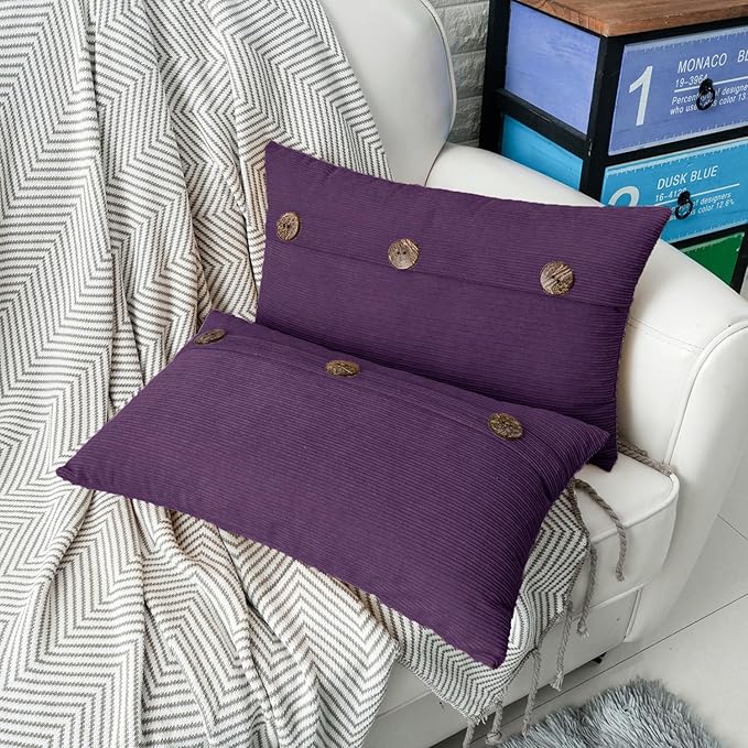 HWY 50 Purple Chenille Throw Pillow Covers 12x20 Inch with Triple Buttons, Soft Farmhouse Accent Decorative Cushion Cases for Couch Sofa Bed Living Room Pack of 2 Rectangle