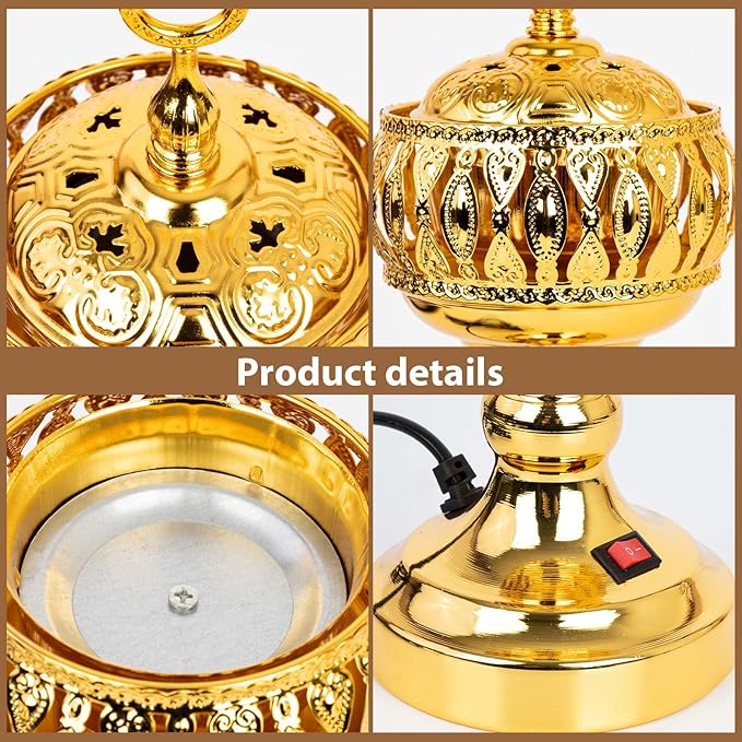 Golden Electric Incense Burner, Arabian Style Frankensense Electric Incense Holder with US Plug, Middle Eastern Tabletop Decorative Censer for Yoga Spa Home Office Christian Church Decor