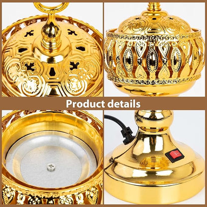 Golden Electric Incense Burner, Arabian Style Frankensense Electric Incense Holder with US Plug, Middle Eastern Tabletop Decorative Censer for Yoga Spa Home Office Christian Church Decor