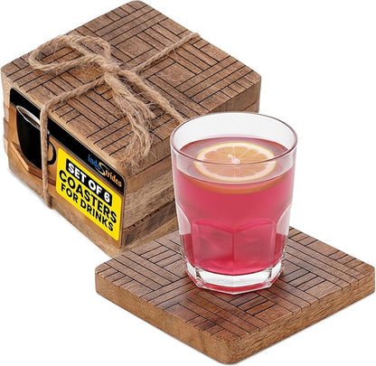 Set of 6 Wood Coasters - Natural Mango Wooden Coasters for Drinks, Beverages, Wine Glasses & Bar Glasses - Rustic & Durable Drink Coasters - Coaster Set for Home, Kitchen, Dining, Bar Decor