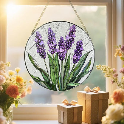 Stained Glass Window Hanging, 8 Inch Lavender Stained Glass Suncatcher, Flower Sun Catcher, Window Hanging Decor, Flower Lovers Gift for Her, Housewarming Gift, Gifts for Lover, Bestie and Couple