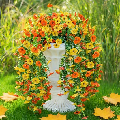 2PCS Artificial Hanging Fall Flowers for Outdoors Decorations, Orange Yellow Realistic Silk Daisy with Eucalyptus, UV Resistant Faux Mums for Home Decor Patio Garden Planters Yard Balcony