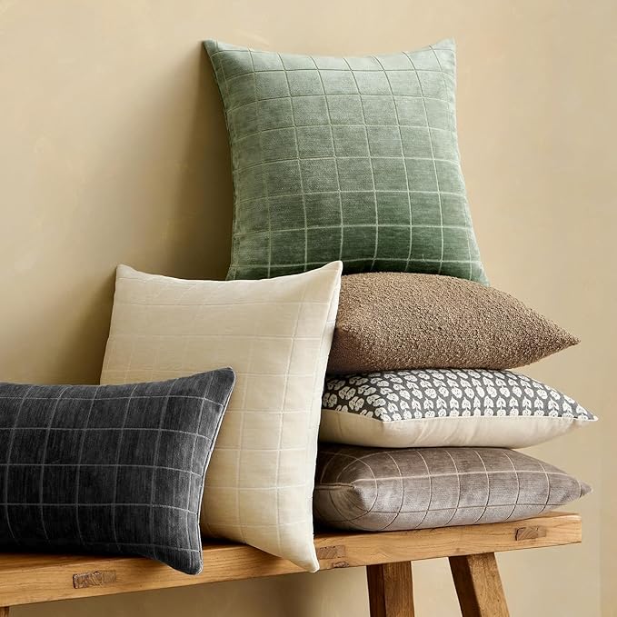 MIULEE Decorative Chenille Check Throw Pillow Covers Vintage Plaid Couch Pillows 20x20 Inch Set of 2 Neutral Boho Farmhouse Cushion Covers Modern Spring Home Decor for Sofa Bed Living Room Sage Green