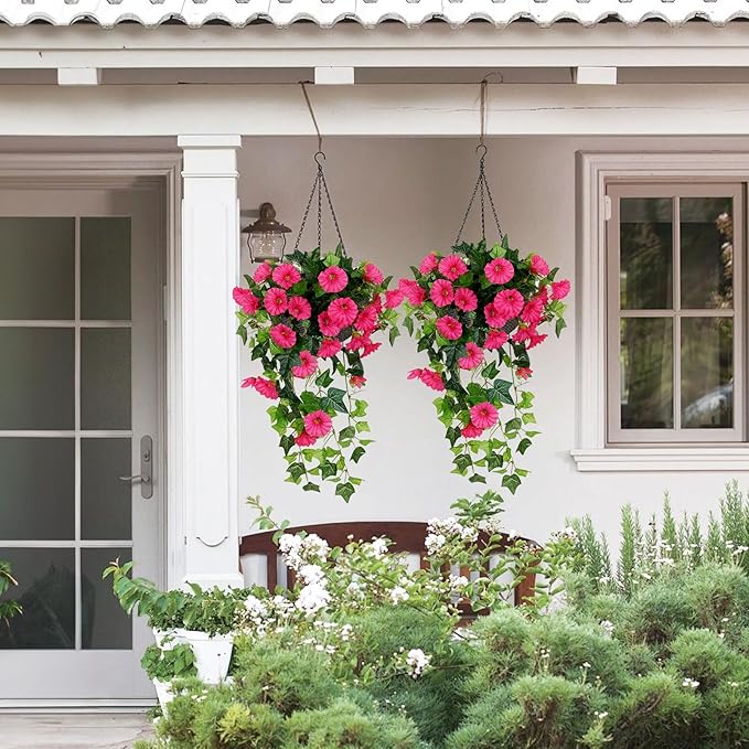 RECUTMS Artificial Fake Hanging Flowers Plants for Outdoor Spring Decor, 2 Pcs UV Resistant Faux Petunias Trailing Plants Realistic Flower Look Real for Door Wall Yard Porch Garden Planter (Rose Red)