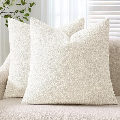 ANRODUO Pack of 2 Textured Boucle Throw Pillow Covers Soft White Euro Decorative Accent Solid Pillow Cases Cozy Modern Couch Cushion Case for Chair Sofa Bedroom Living Room Home Decor, 24 x 24 Inch