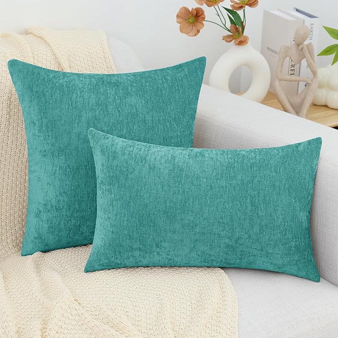 decorUhome Chenille Turquoise Throw Pillow Covers 24x24 Inch Set of 2, Decorative Soft Couch Pillow Covers Solid Dyed Accent Farmhouse Neutral Square Pillow Cases for Sofa Bed Living Room