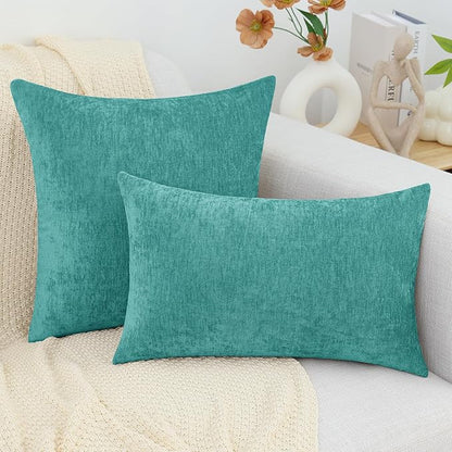 decorUhome Chenille Turquoise Throw Pillow Covers 16x16 Inch Set of 2, Decorative Soft Couch Pillow Covers Solid Dyed Accent Farmhouse Neutral Square Pillow Cases for Sofa Bed Living Room