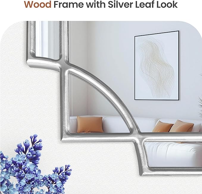 30"×30" Square Silver Wall Mirror, Decorative Geometric Accent Mirror with Wood Frame, Art Deco Style for Entryway, Living Room, Bathroom