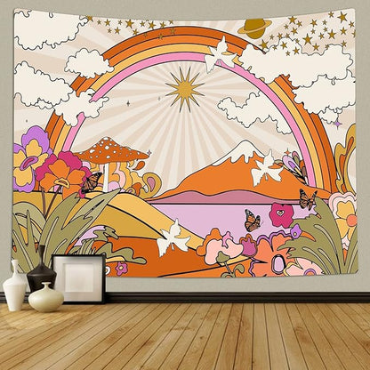 TOMOZ Vintage 70s 60s Groovy Tapestry, Retro Flowers Clouds Sun and Rainbow Tapestry Wall Hanging, Orange Boho Hippie Psychedelic Tapestries for Bedroom Living Room Dorm Decor 90 x 60Inch