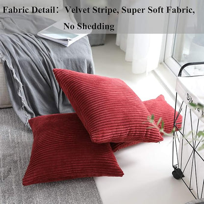 Home Brilliant Dark Red Pillow Covers 24x24 Set of 2 Striped Corduroy Decoration Euro Pillow Textured Plush Velvet Pillow Sham for Couch Chair Valentine's Day, 24 x 24 inch, Burgundy