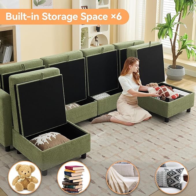 107”Modular Sectional Sofa Convertible U Shaped Sofa Couch Set with Storage for Living Room, Modern 6 Seater Modular Sectional Couch with Movable Ottoman, Chenille(Green)
