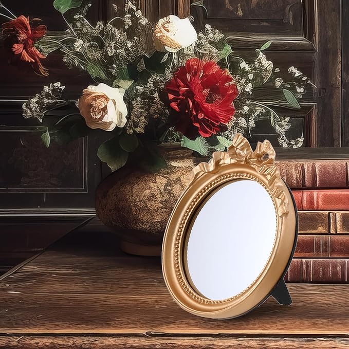 Small Wall Mirror 4.2'' Gold Vintage Makeup Desk Mirror Traditional Roundness Table Mirror Antique Mirror with Resin Frame Decorative Hanging Mirror for Bedroom Bathroom Tabletop Wall