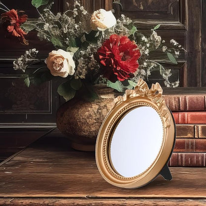 Small Wall Mirror 4.2'' Gold Vintage Makeup Desk Mirror Traditional Roundness Table Mirror Antique Mirror with Resin Frame Decorative Hanging Mirror for Bedroom Bathroom Tabletop Wall