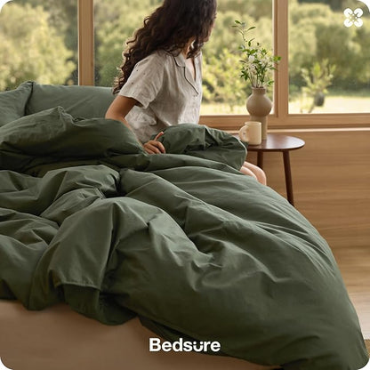 Bedsure Cotton Duvet Cover King - Luxury Slub Weave 100% Cotton Duvet Cover with a Linen Like Textured, Easy Change Durable Bedding, Olive Green, 104" x 90"
