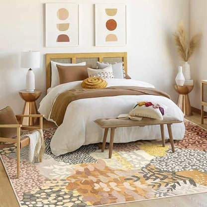 DEXDE 8x10 Area Rug, Fall Soft Washable Abstract Area Rugs Non-Slip Vintage Boho Rug Leaves Floral Print Carpet for Living Room, Bedroom, Entryway, Office,Dining Room, Kids Playroom, Camel
