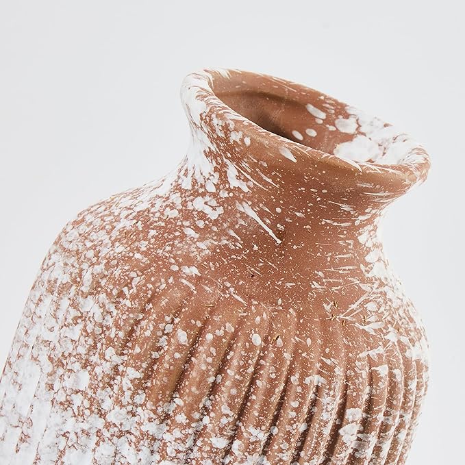 Ceramic Flower Vase Home Décor, 9.25 Inch Rustic Farmhouse Vase, Ribbed Vintage Vase, Pottery Decorative Vases for Living Room, Entryway Table, Shelf, Kitchen Island, Coffee Table(Mottled-Brown)