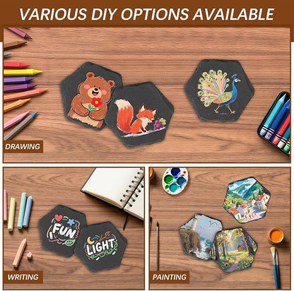 48PCS Slate Coasters for Laser Engraving, 4inch Black Beverage Coasters for Hand Painting, Non-Slip Bottom Mat, Home Office Kitchen Gift Wedding Bar Party(Hexagon)