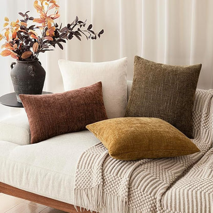 Foindtower Pack of 2 Soft Textured Chenille Throw Decorative Pillow Covers Square Accent Solid Cushion Cover Neutral Farmhouse Pillow Case for Couch Sofa Bedroom Living Room 18x18 Inch,Taupe Brown