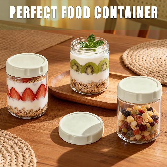 6 Pack Glass Overnight Oats Jars with Airtight Lid, 16OZ Wide Mouth Mason Jars, Leak Proof Glass Food Storage Containers for Yogurt, Oats, Chia Pudding, Snacks, Spice, Sugar