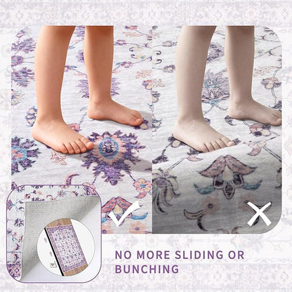 Tangsoo Small Rug 2x3 Washable Entry Rug for Entryways Non-Slip Vintage Floral Throw Area Rugs Purple Boho Rugs Distressed Floor Carpet Soft Low Pile Door Mat for Entrance Bedroom Kitchen Foyer Decor