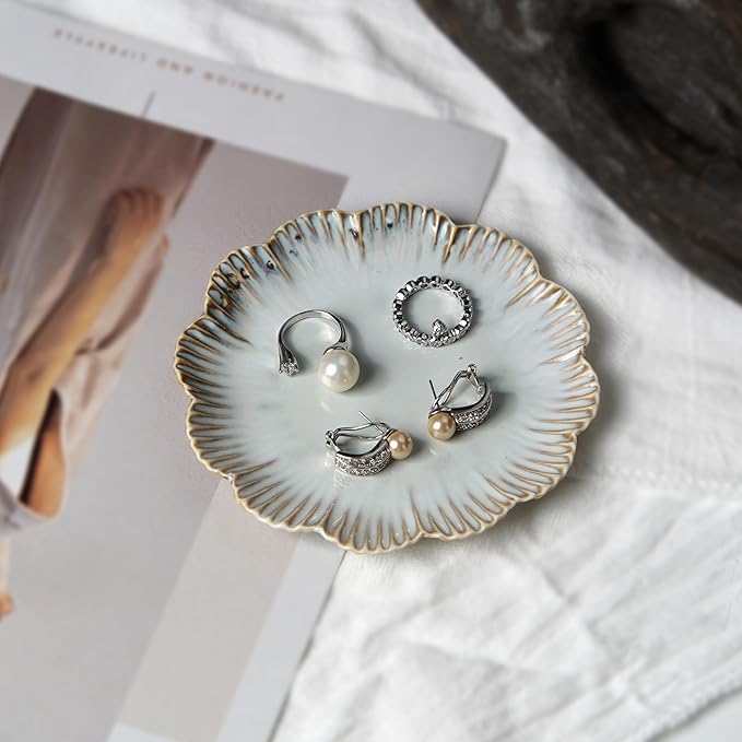 Ceramic Jewelry Dish, Decorative Tray for Rings Earrings Necklaces Bracelet Watch Keys, 4.50" Trinket Tray as Gifts for Women (Reactive Flower)