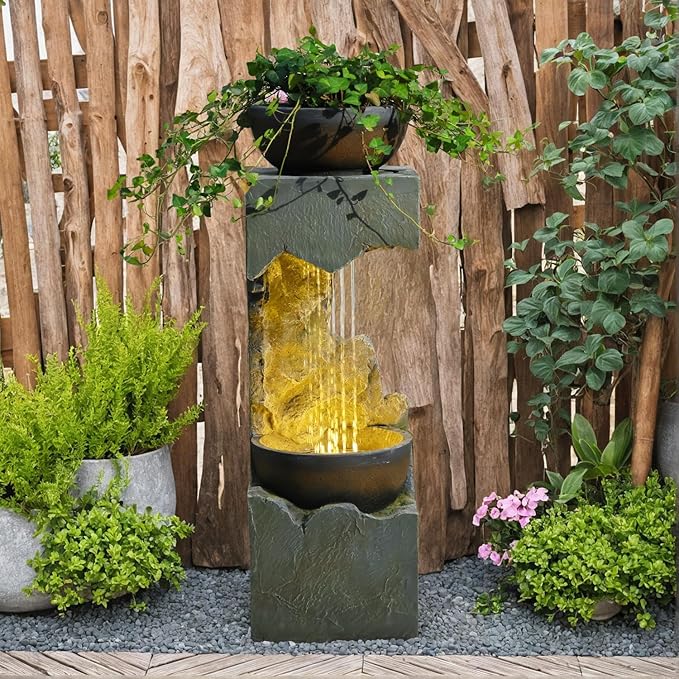 37.4''H 2-Tiered Rainfall Bowl Garden Water Fountain with LED Lights and Pebbles, Modern Crackled Stone Feature Waterfall for Porch, Deck, Yard, Patio, and Home Décor