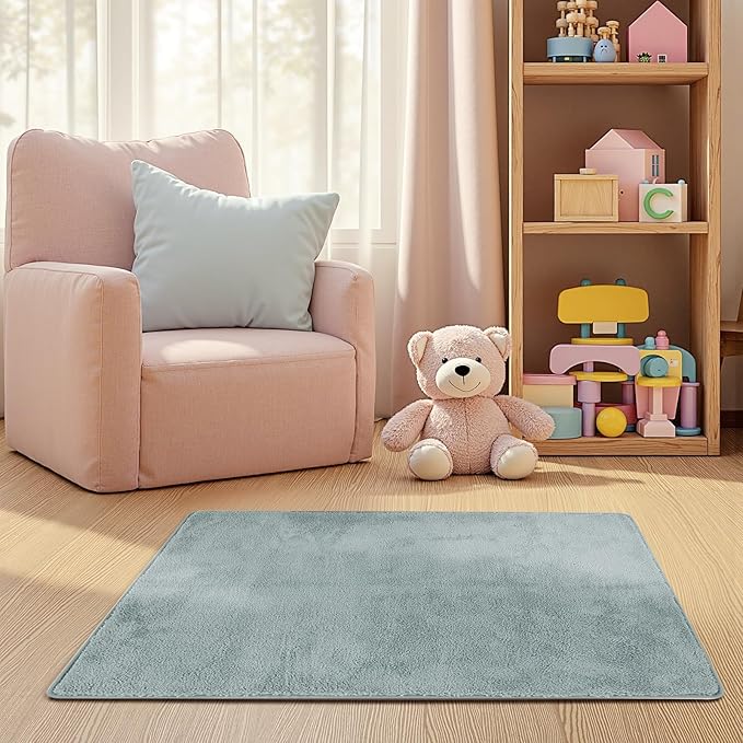 jinchan Solid Plush Area Rug 2x3 Performance Shaggy Washable Rug Indoor Entryway Doormat Soft Modern Faux Wool Cozy Non Slip Carpet for Living Room Kid Room Bedroom Nursery Slate Blue